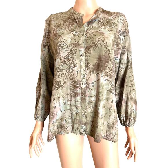 Johnny Was Oversized Puff-sleeve Shirt full button sage brown flowy SZ XS - Picture 2 of 7